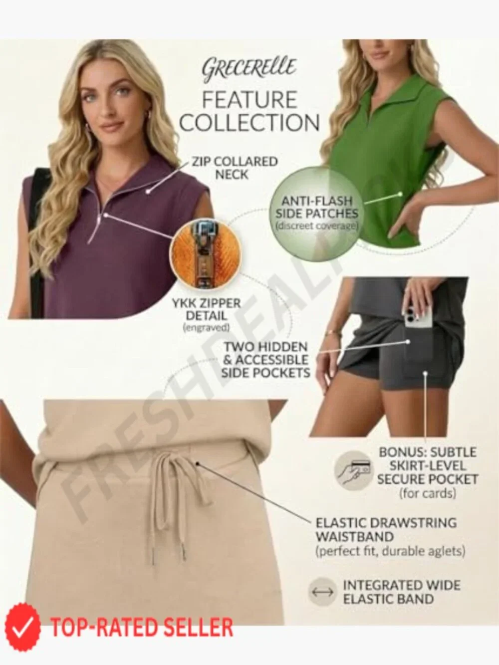 2 Piece Skort Set Cap Sleeve Zip Collared Top Matching Tennis Skirt with